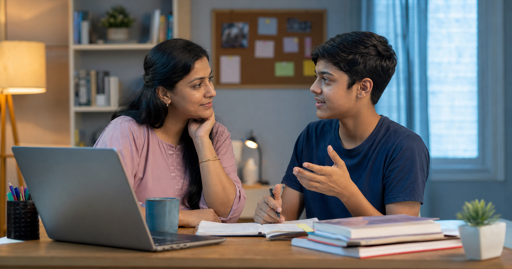 Parent and student discussing a calm, practical study plan